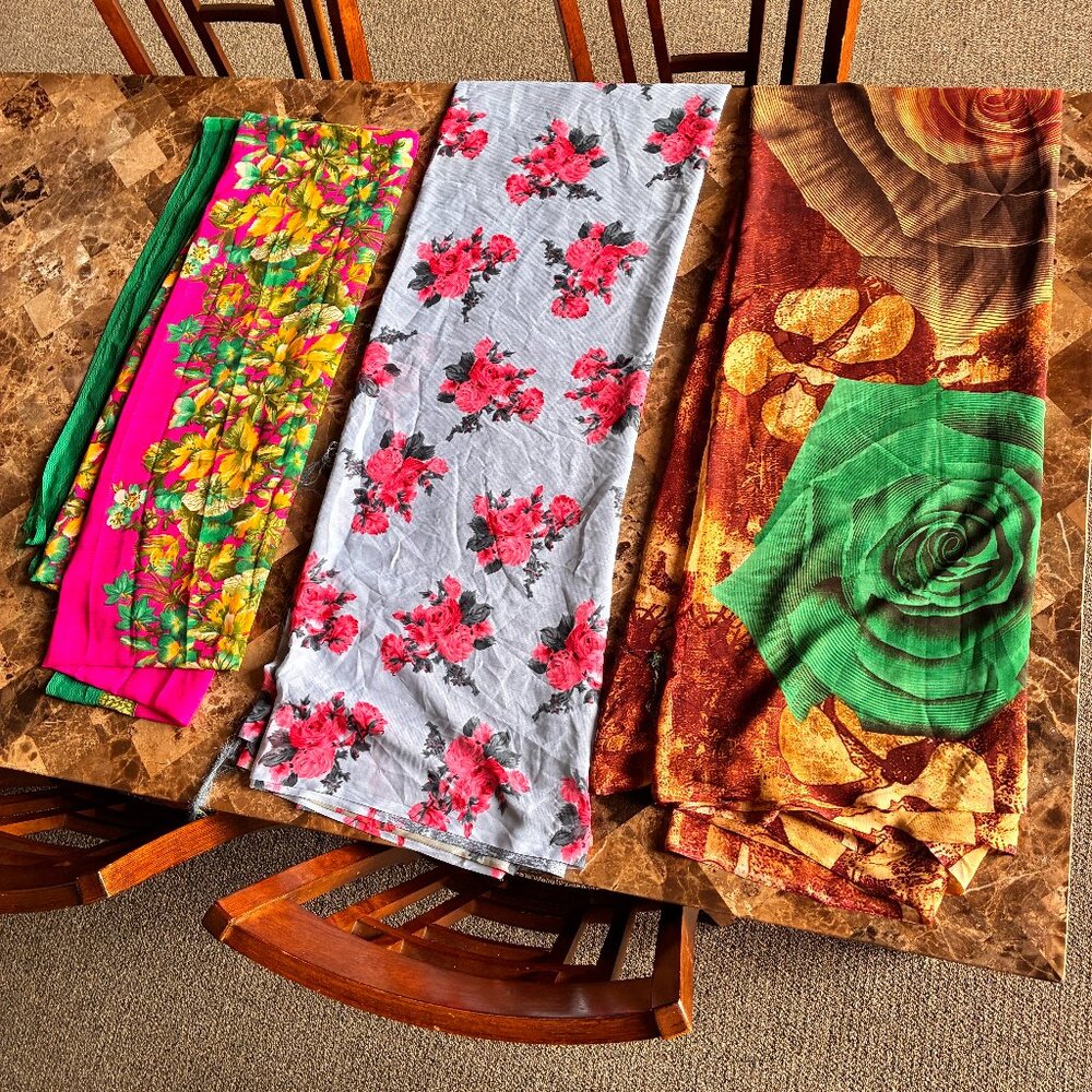 3 chiffon sari bundle, light blue, pink , green, brown